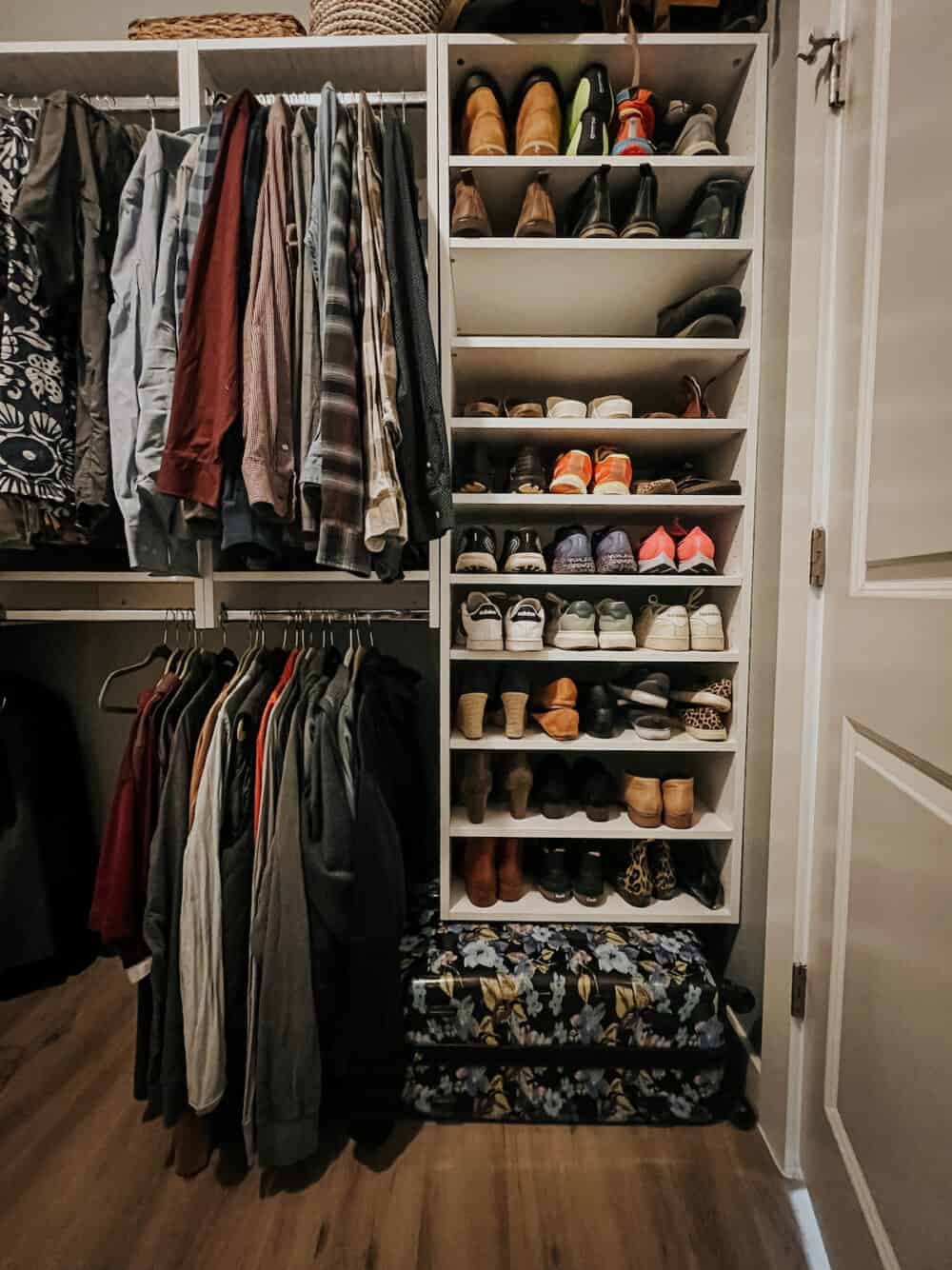 Closet with shoe storage and hanging storage 
