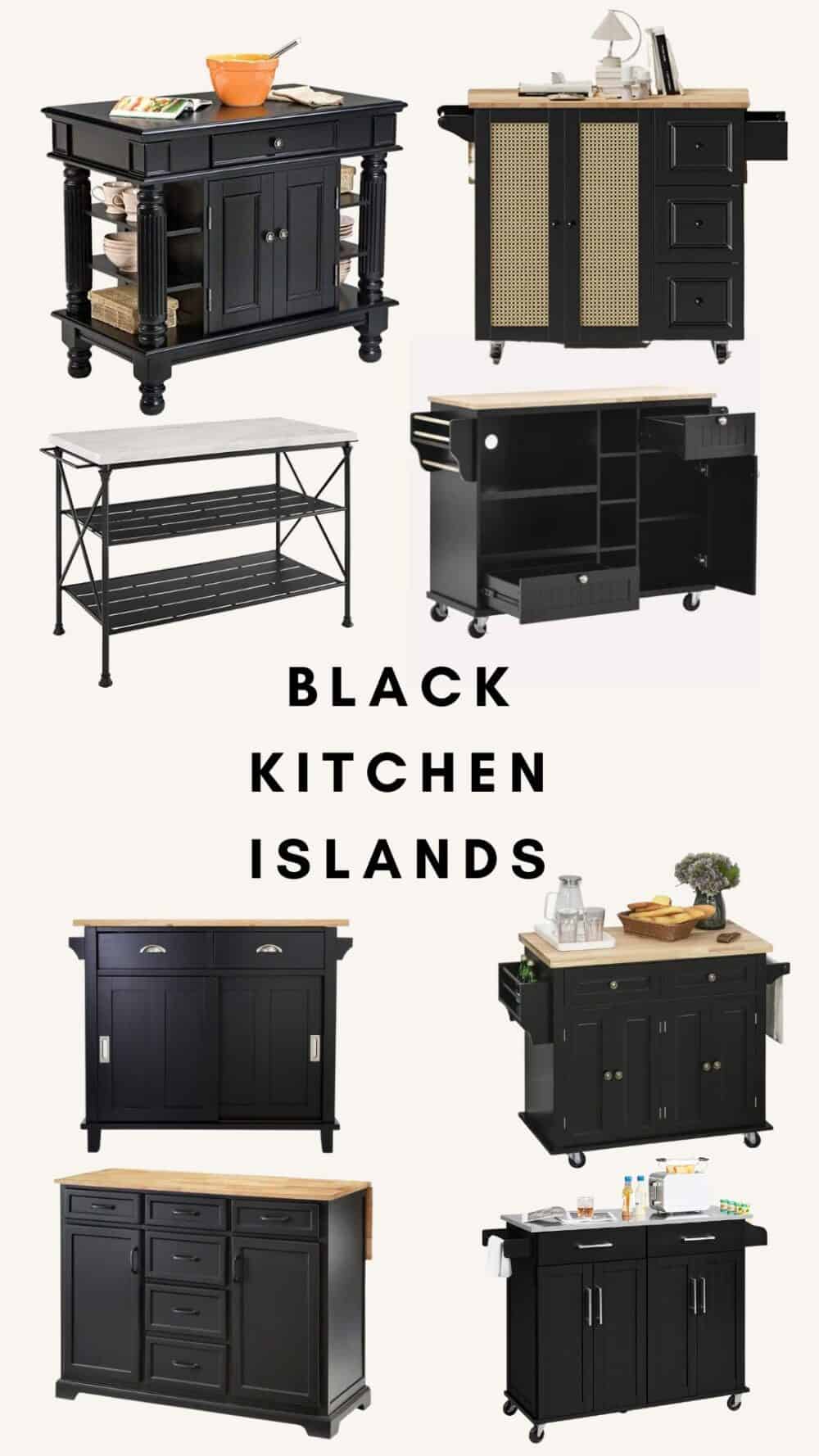 collage of black kitchen island options 
