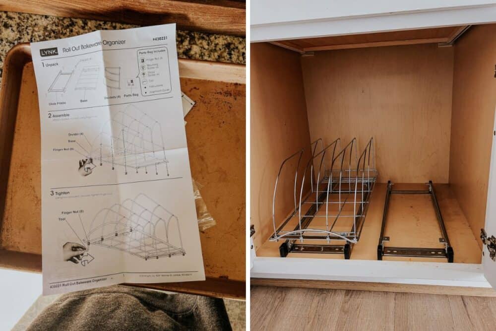 Collage of process of installing organizer in cabinets 
