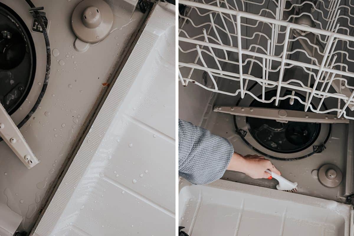 Two images of cleaning the seal of the dishwasher 