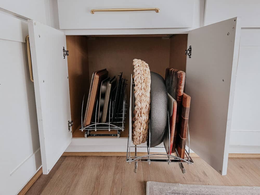 organized cutting board and cookie sheet storage 