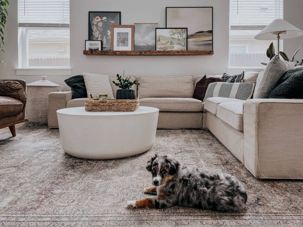 living room with a white IKEA kivik sectional 