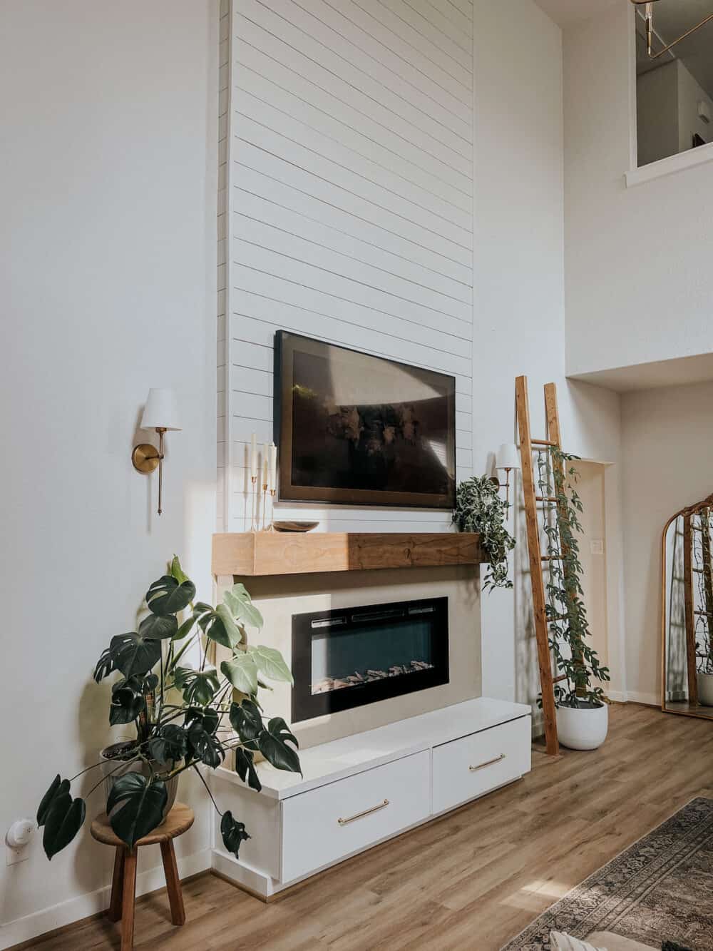 living room fireplace with shiplap