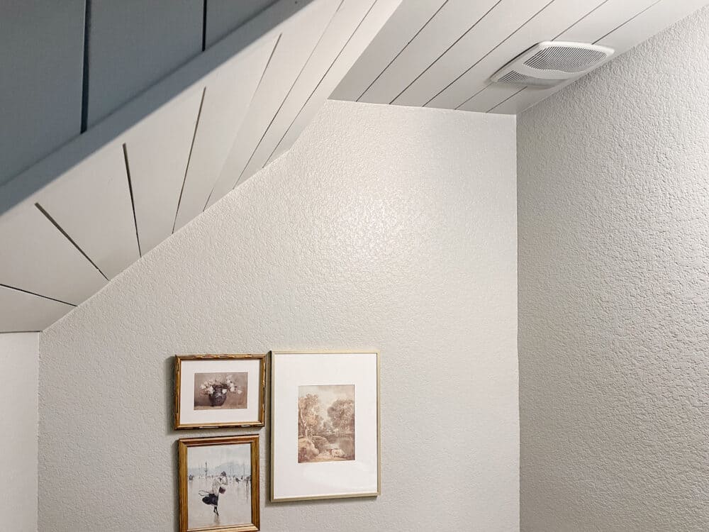 shiplap ceiling in a powder room