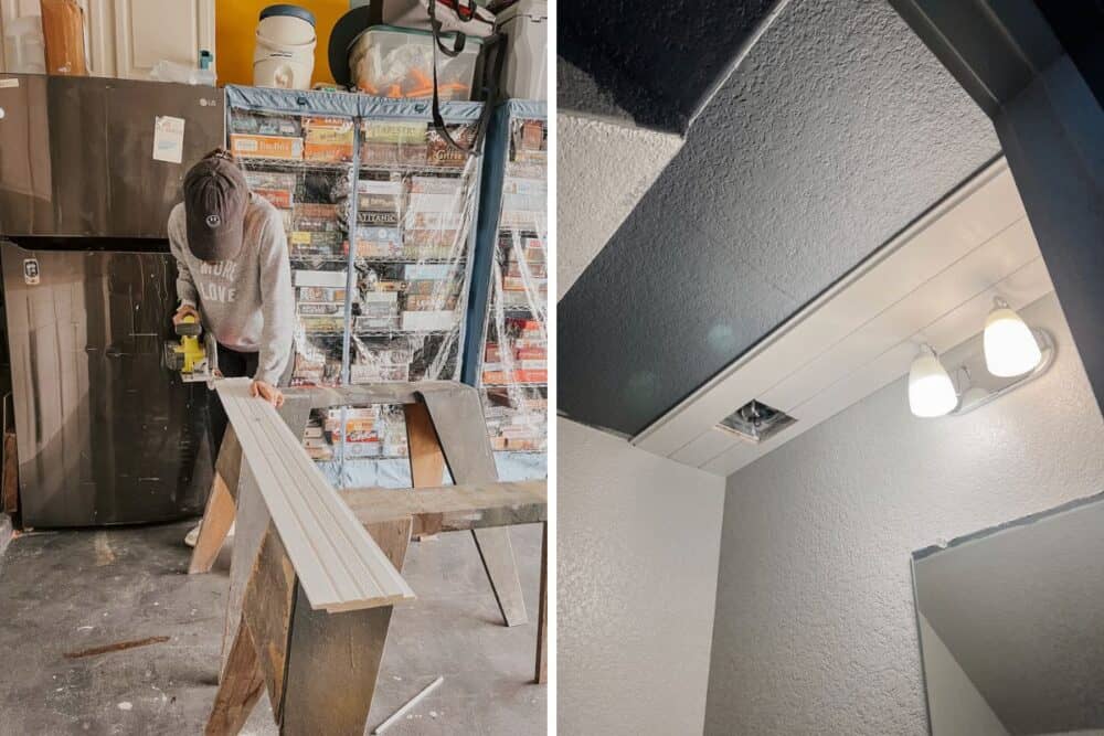 Two images side by side. A woman cutting down shiplap and a ceiling with shiplap partially installed 