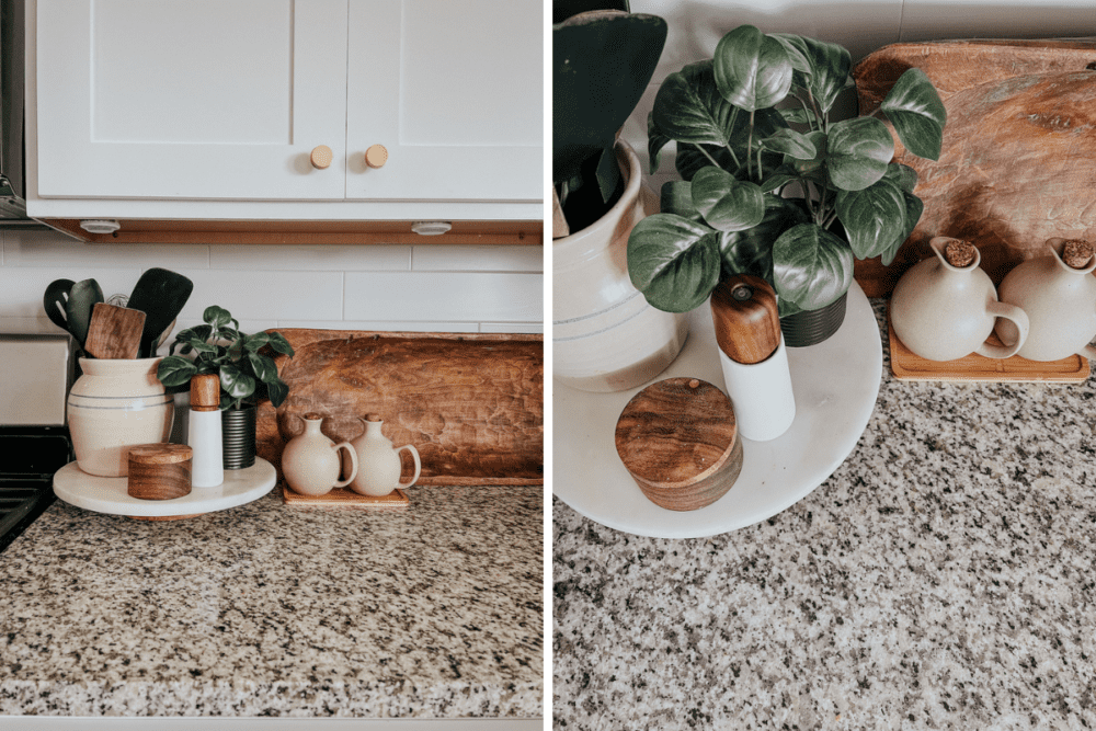 collage of two images of details of a styled kitchen counter 
