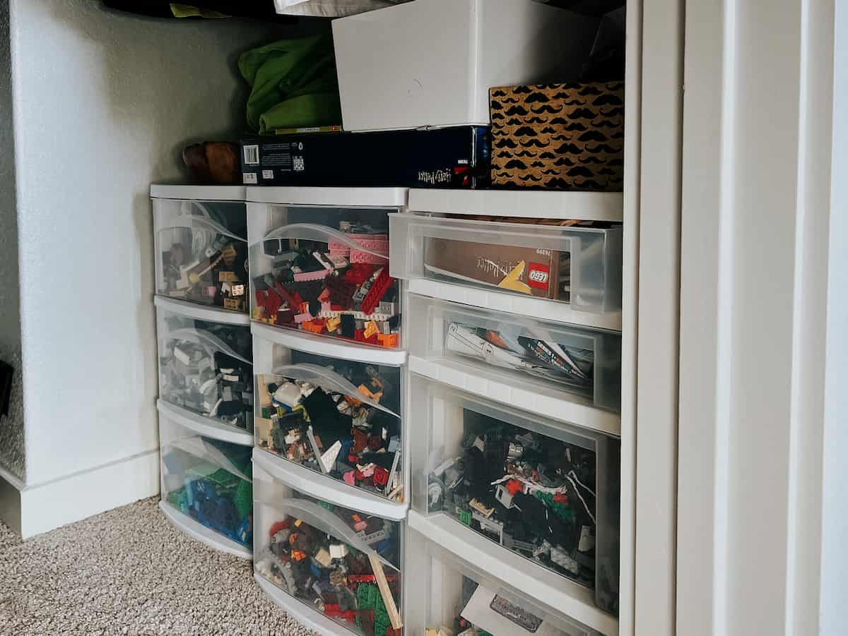 kid closet with LEGO in drawers 