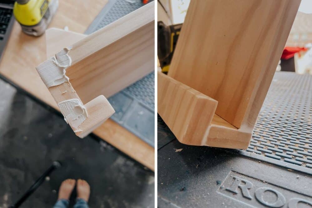 side by side of wood filler being used on a DIY cookbook stand 