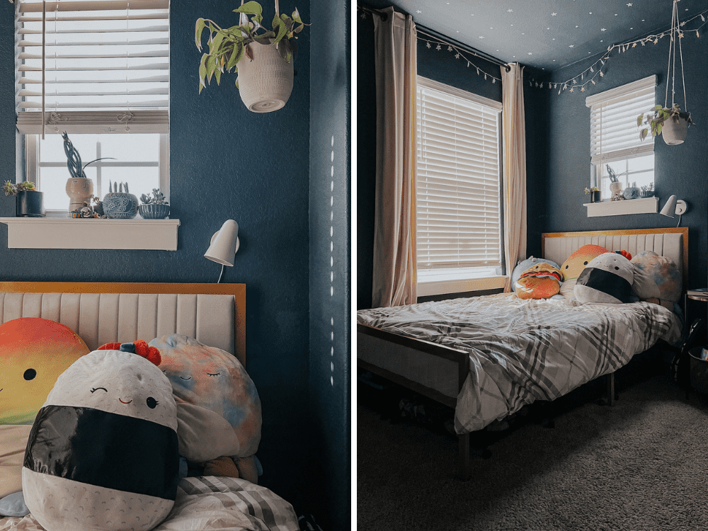 two side by side images of a child's room with a new full sized bed 
