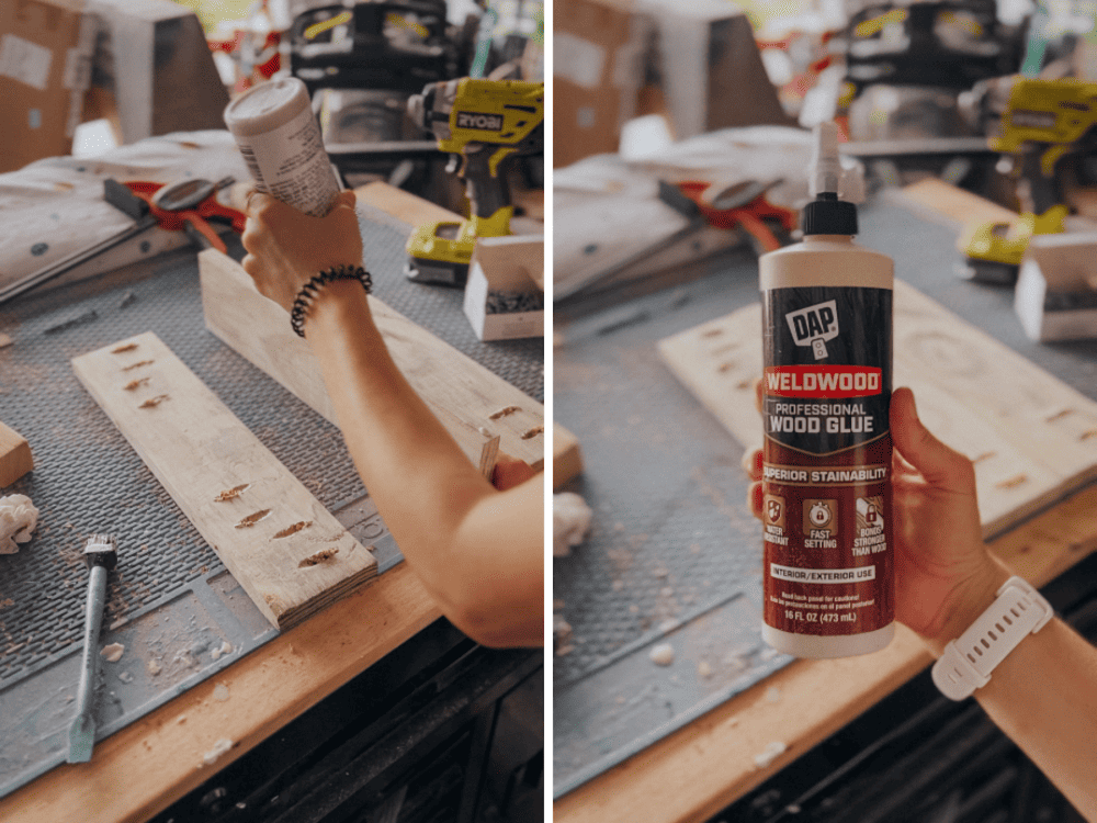 two side by side images, in one a woman is applying wood glue to wood and in the other her hand is holding weldwood wood glue 