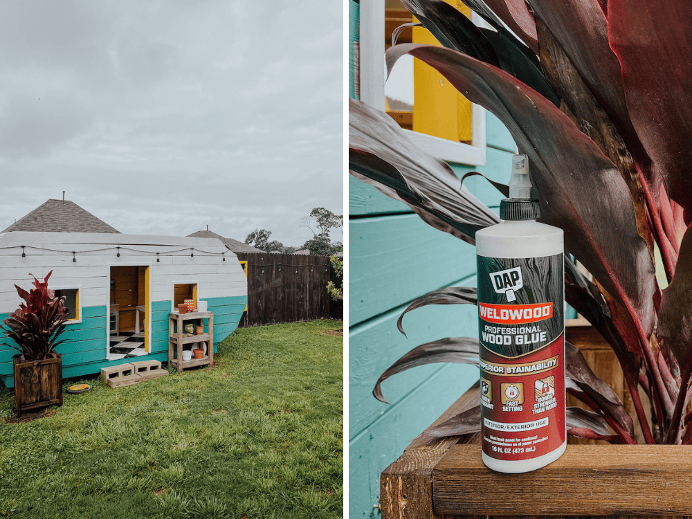 two images of DIY planter box in a backyard 