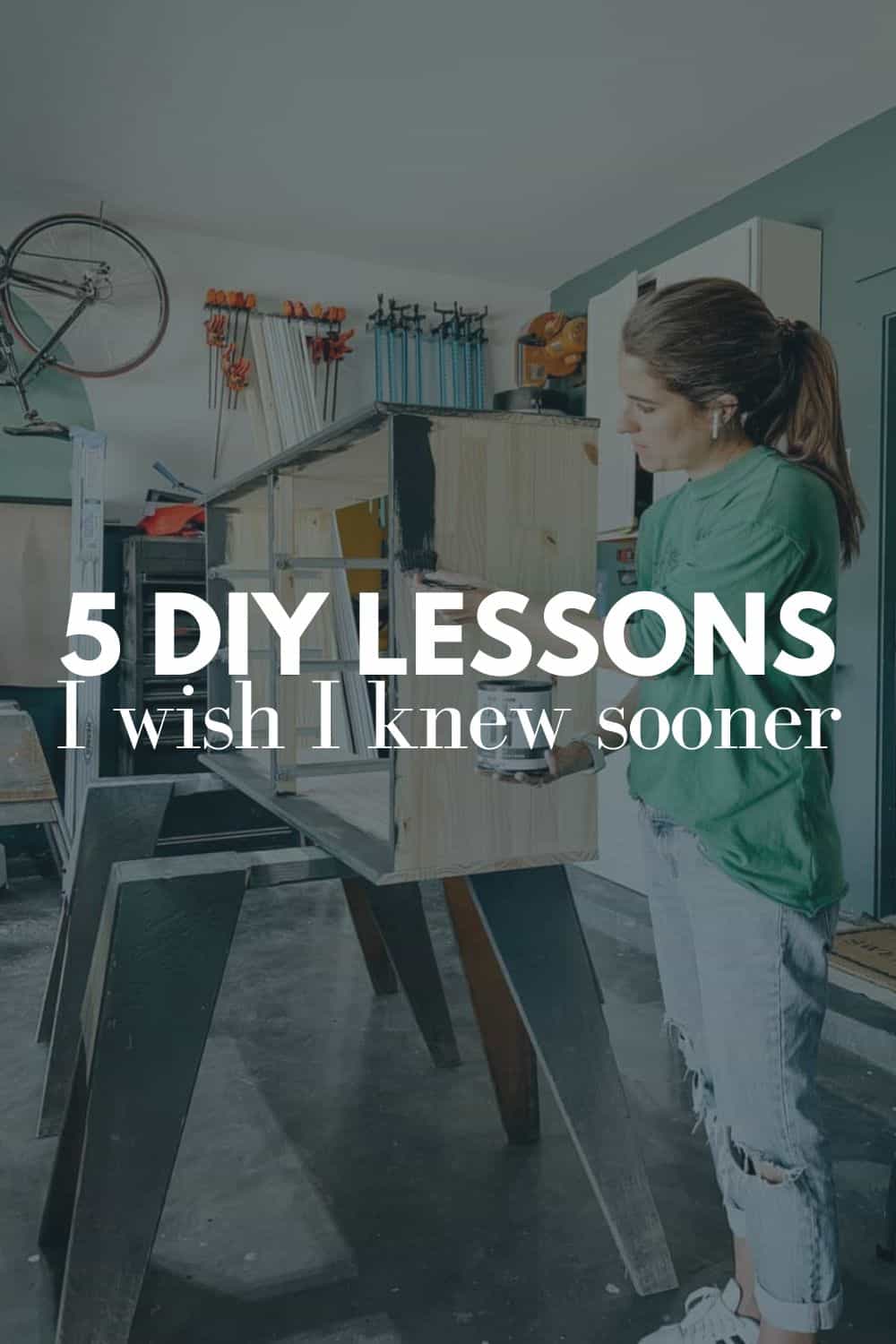 woman painting a dresser with text overlay that states 5 diy lessons I wish I knew sooner 