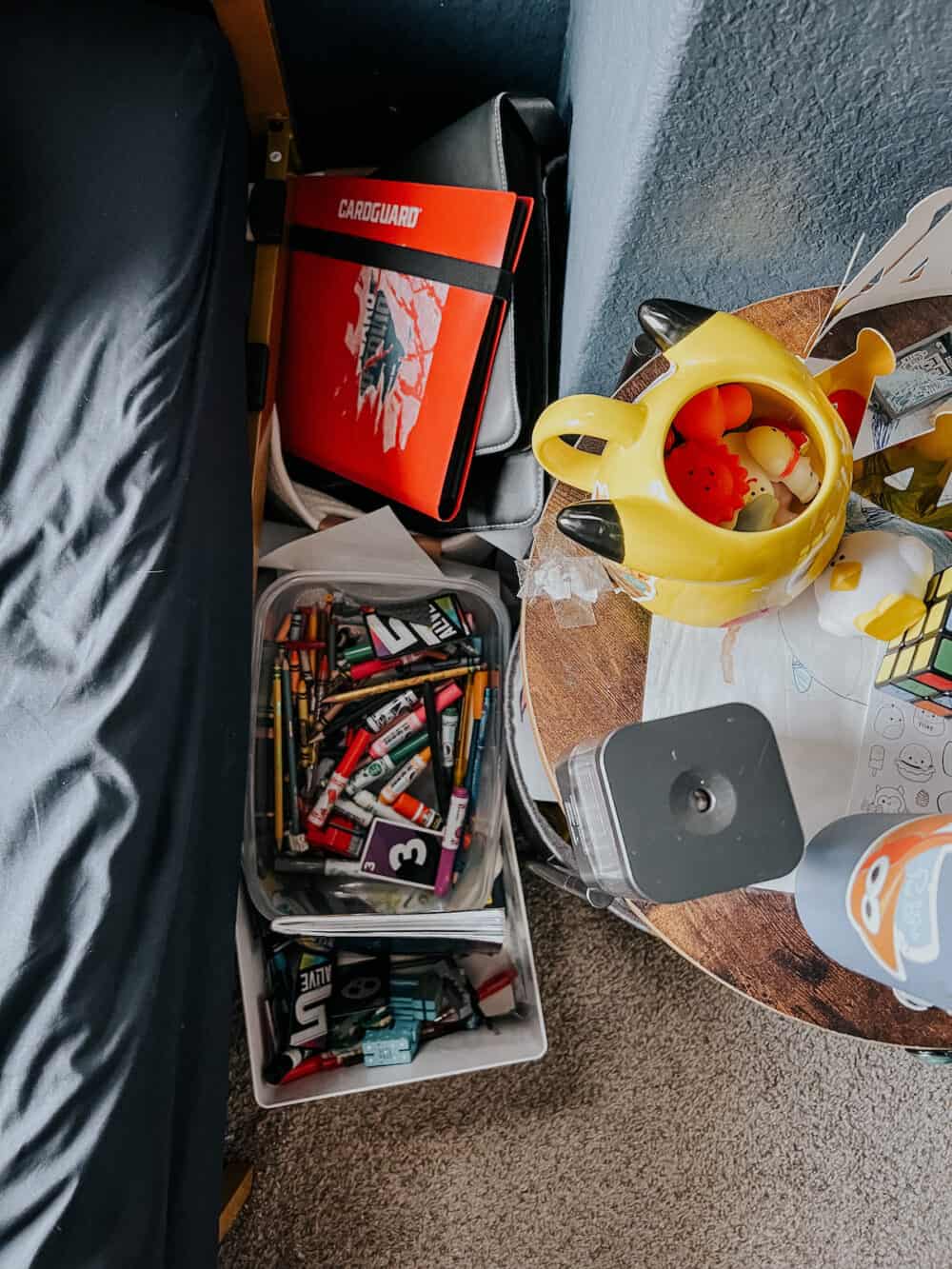 messy section of a kids' room 