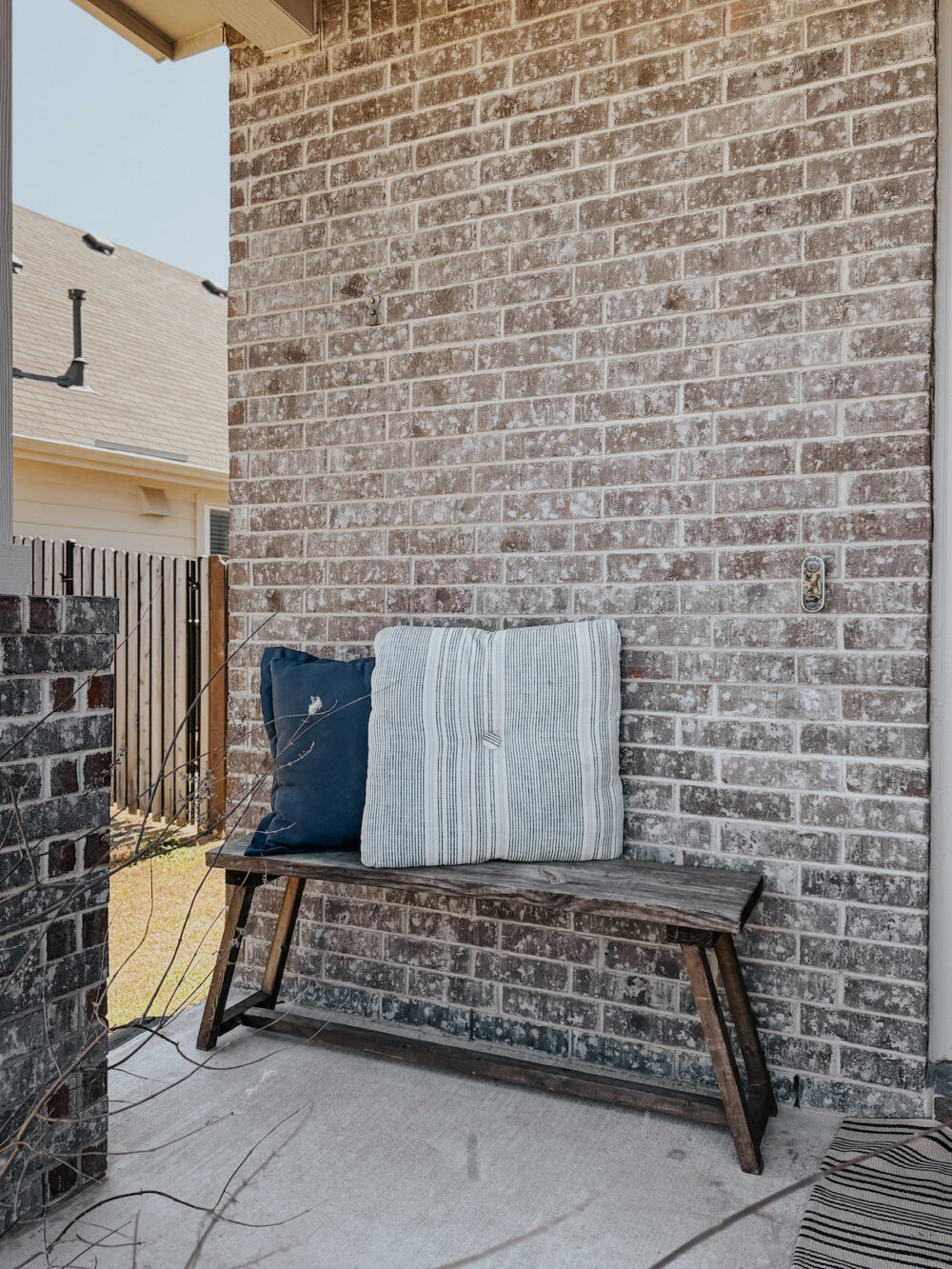 front porch bench with outdoor pillows 