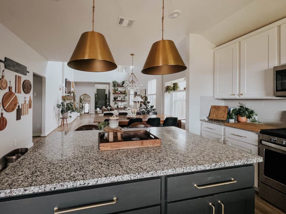 View from a kitchen into the great room 