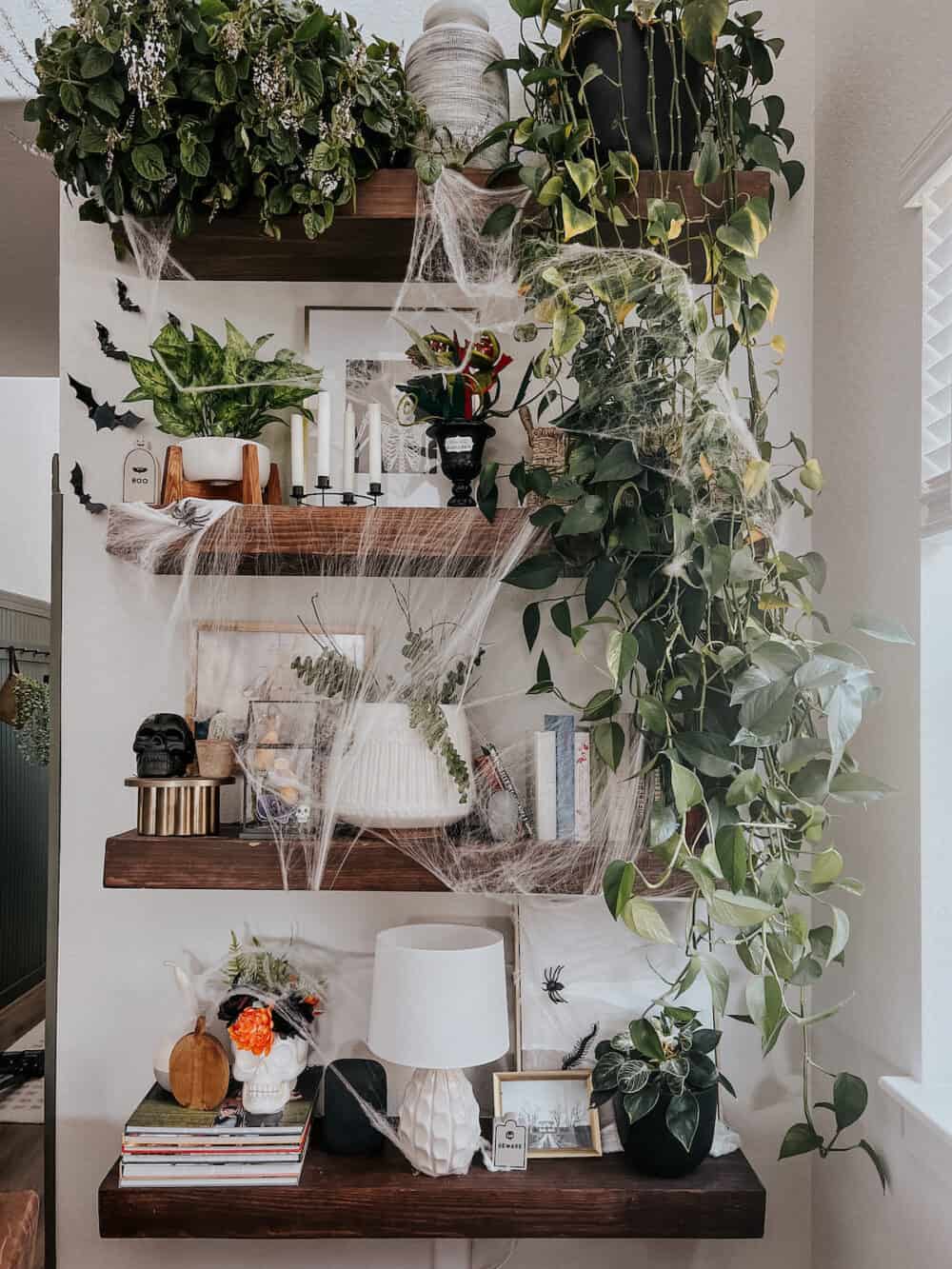 wall shelves with spider webs and halloween decorations 