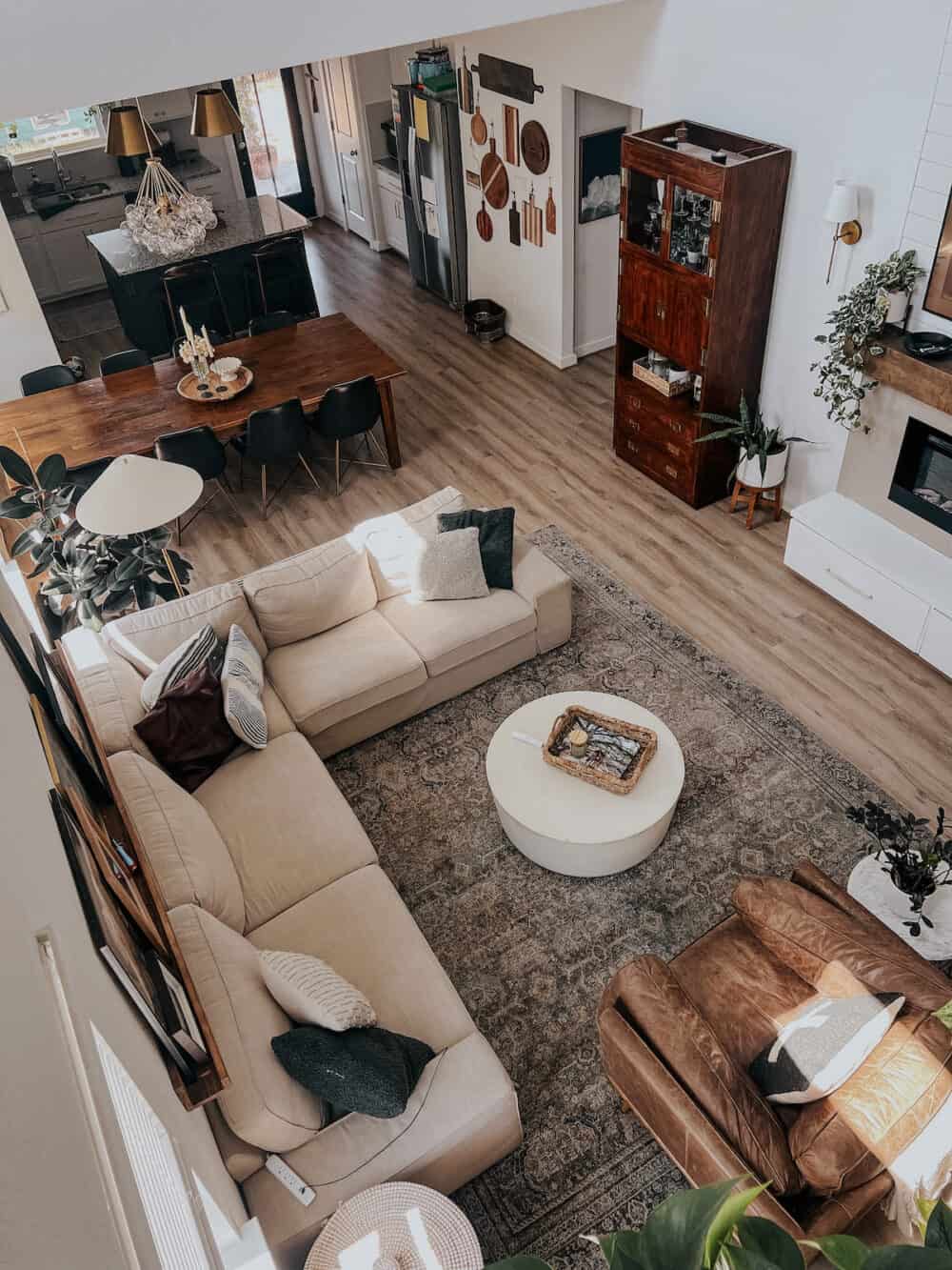 overhead view of living room and dining room 