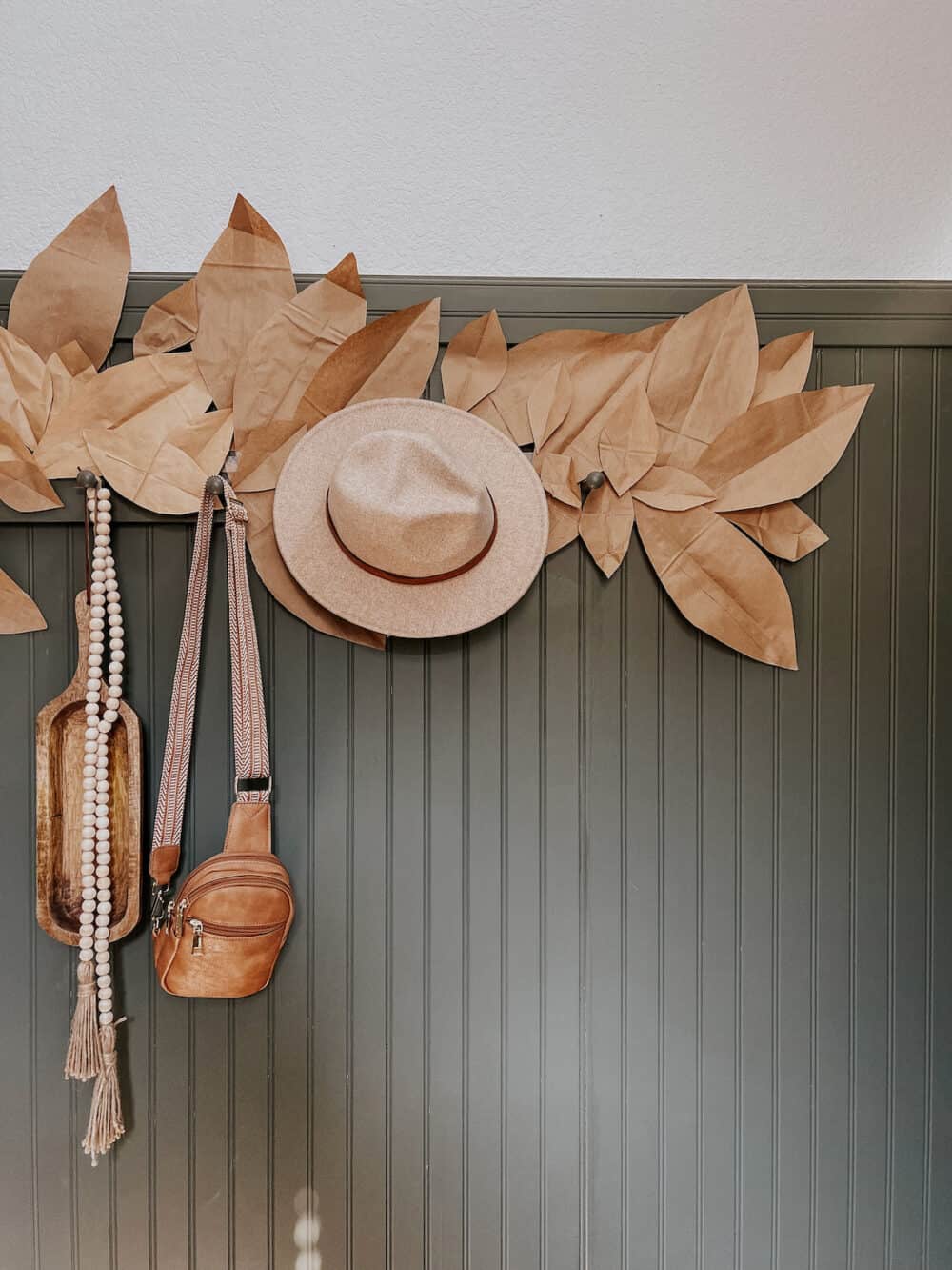 close up image of paper bag leaf garland 