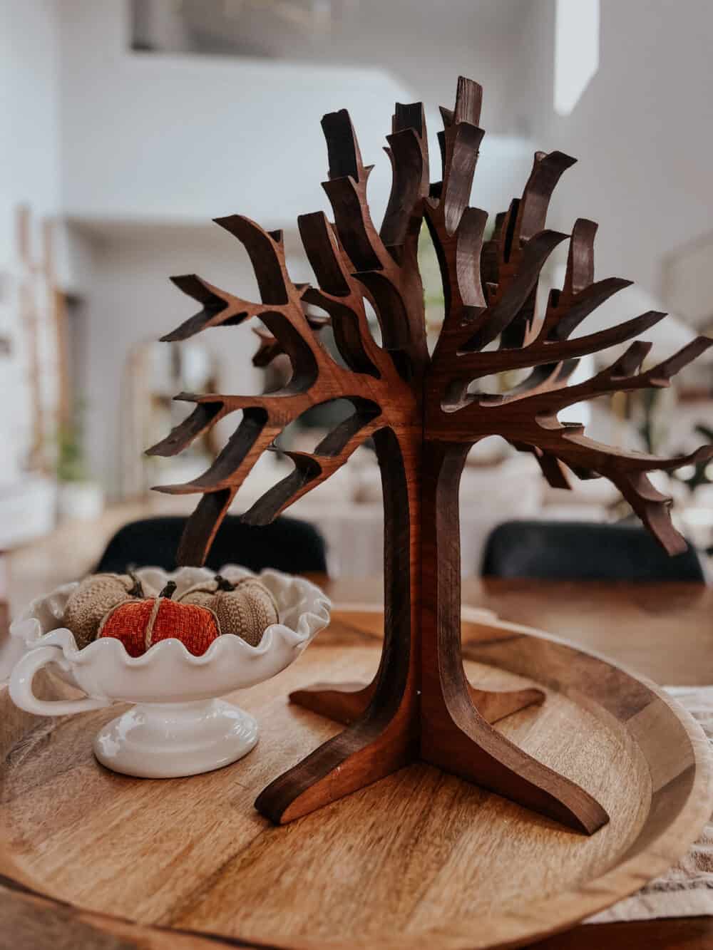 wood gratitude tree on a dining room table 