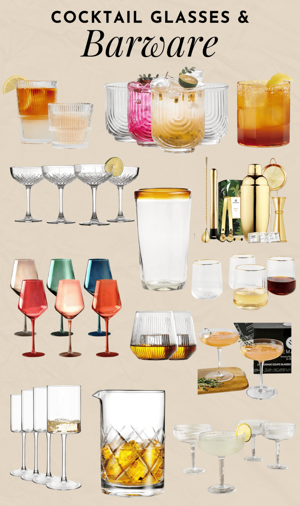 collage of cocktail glasses and barware 