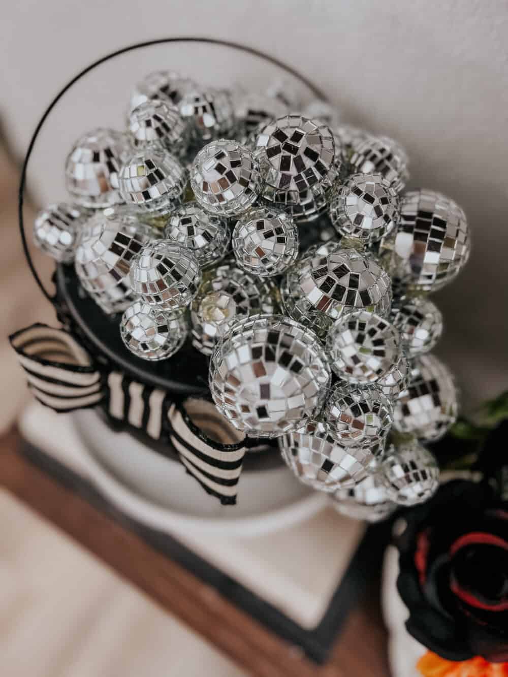 overhead view of a disco ball witch cauldron Halloween decoration 