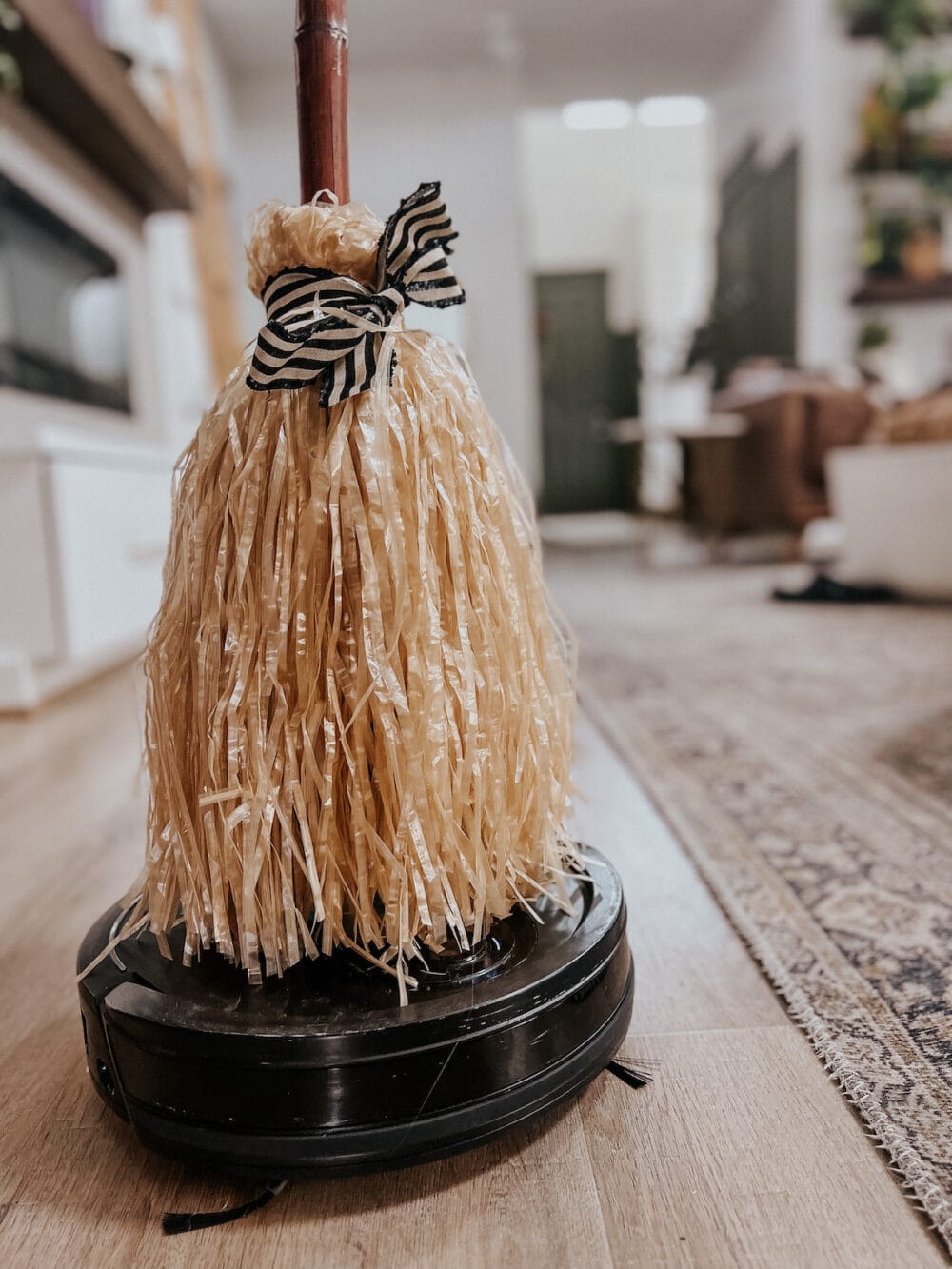 close up of a faux broom attached to a robot vacuum.