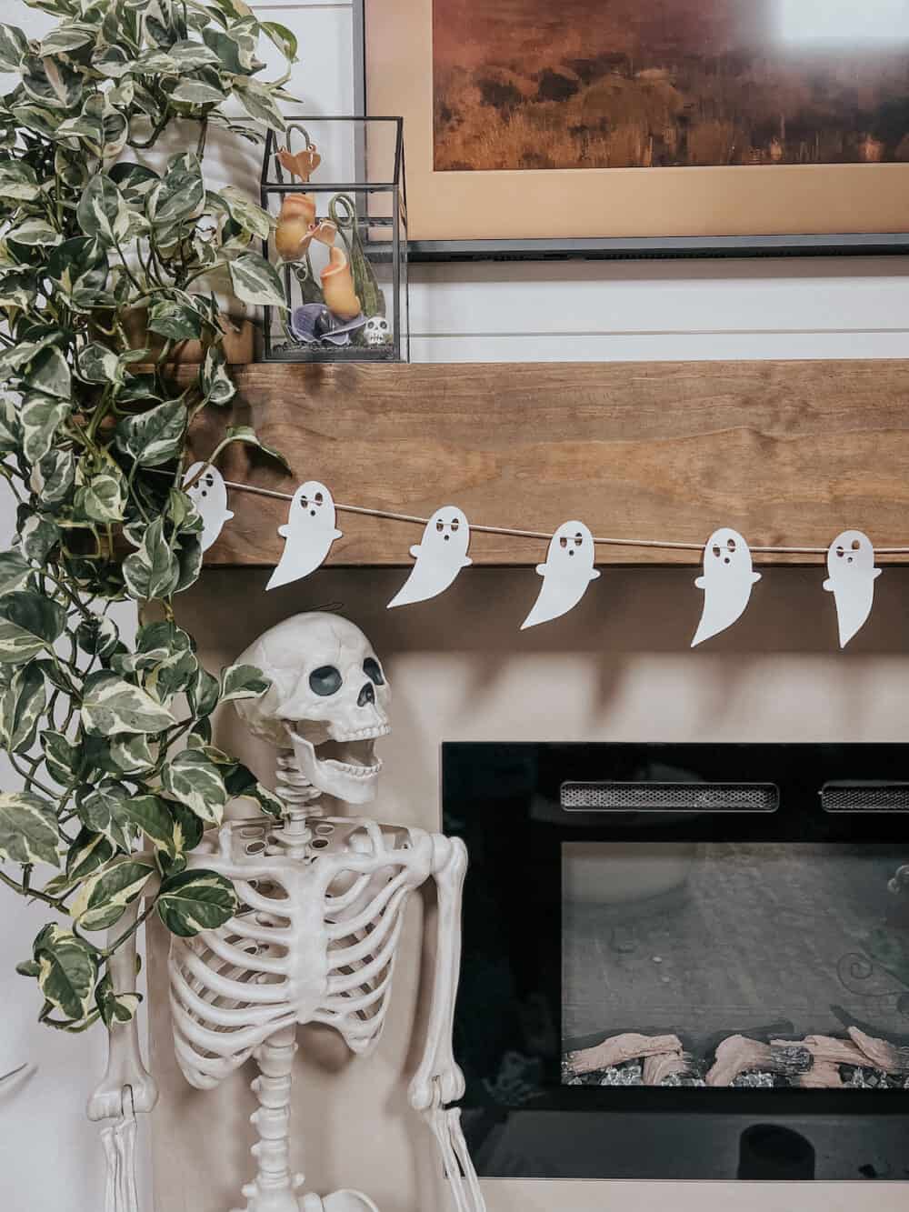 fireplace with DIY ghost garland 