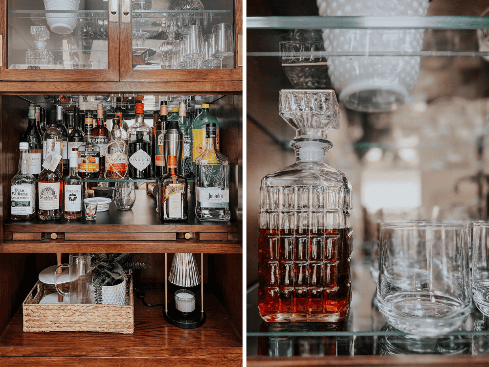 two side by side images of details in a bar cabinet 