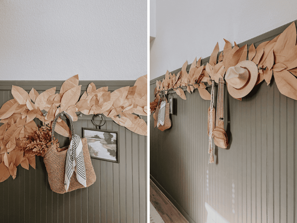 two images of paper bag leaf garland for fall 