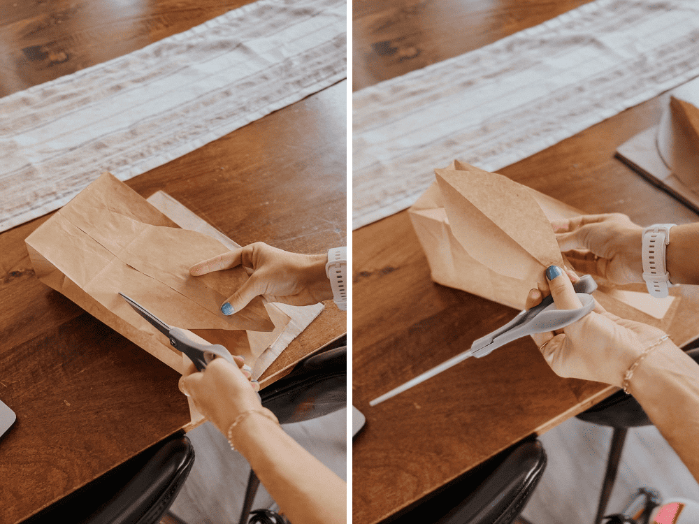Two images of a woman cutting a leaf out of a paper bag
