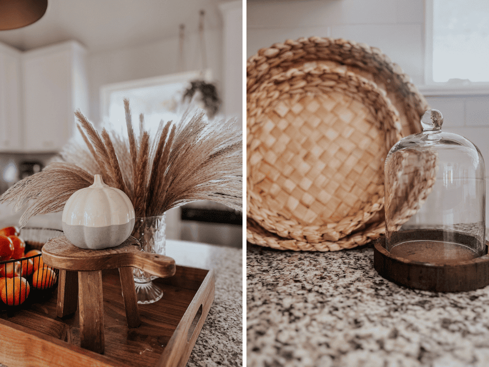 two close up images of fall decor in a home 