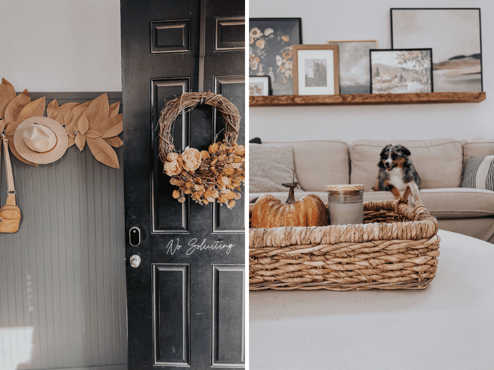 two images of fall decor in a home 