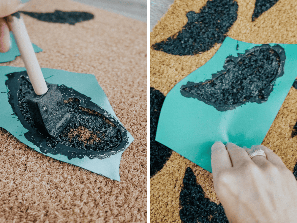 side by side images of a hand painting black ghosts on a door mat and removing vinyl stencil