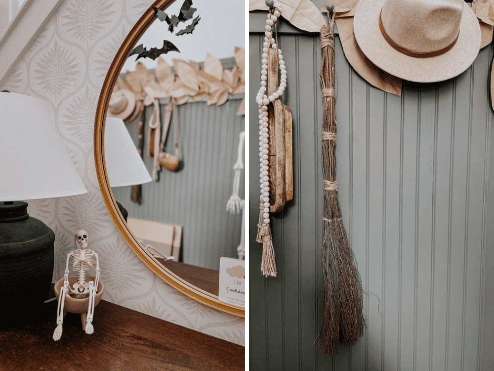 two side by side images of close up details of a home decorated for Halloween