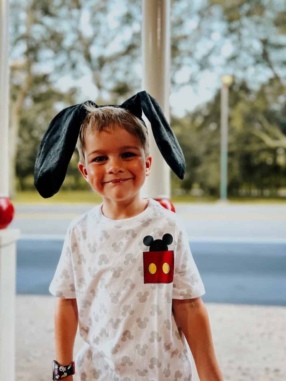 young boy posing with goofy ears 