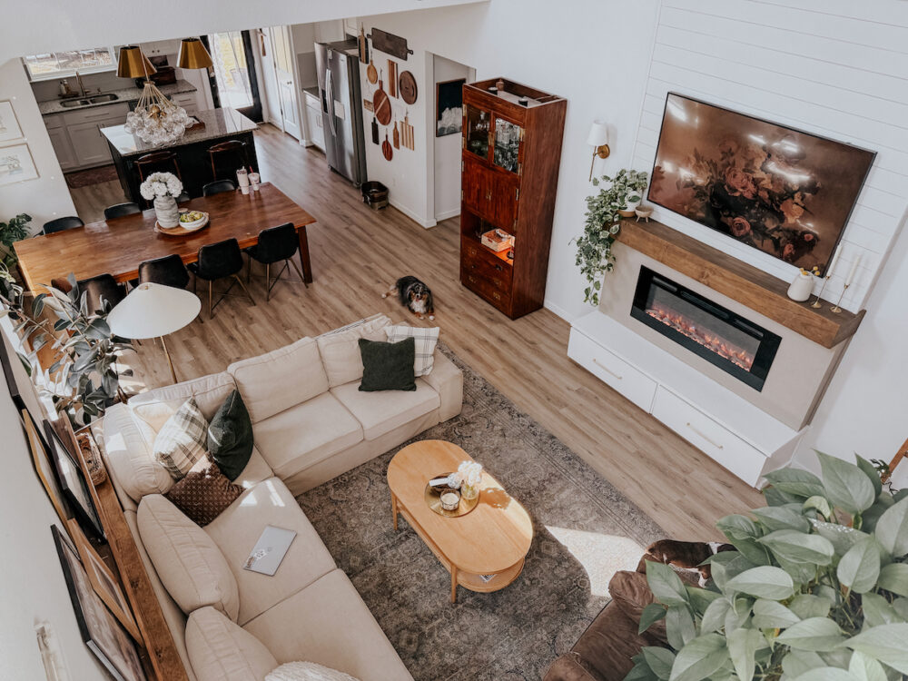 Overhead view of a living room with an IKEA KIVIK sofa 