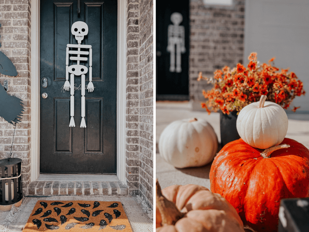 side. by side images of details of halloween front porch decor 