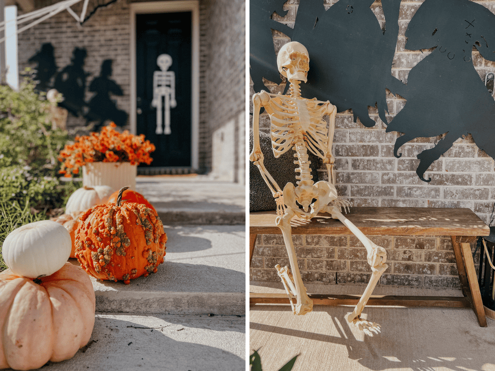 two close up images of front of home decorated for Halloween

