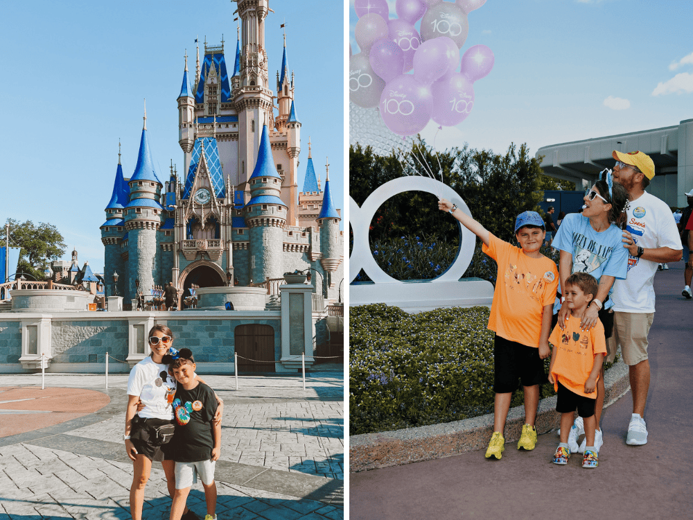 side. by side images of a family visiting Disney World
