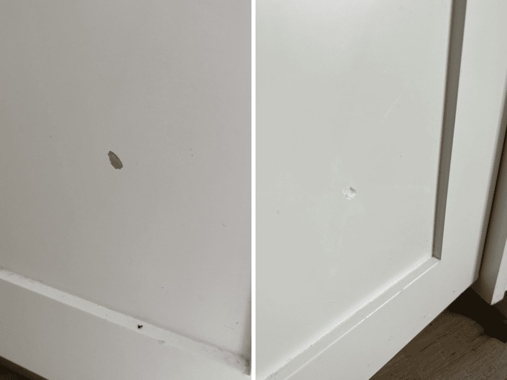 Before and after of patch on cabinet door 
