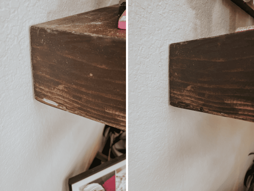 before and after of wood shelf with repair work 