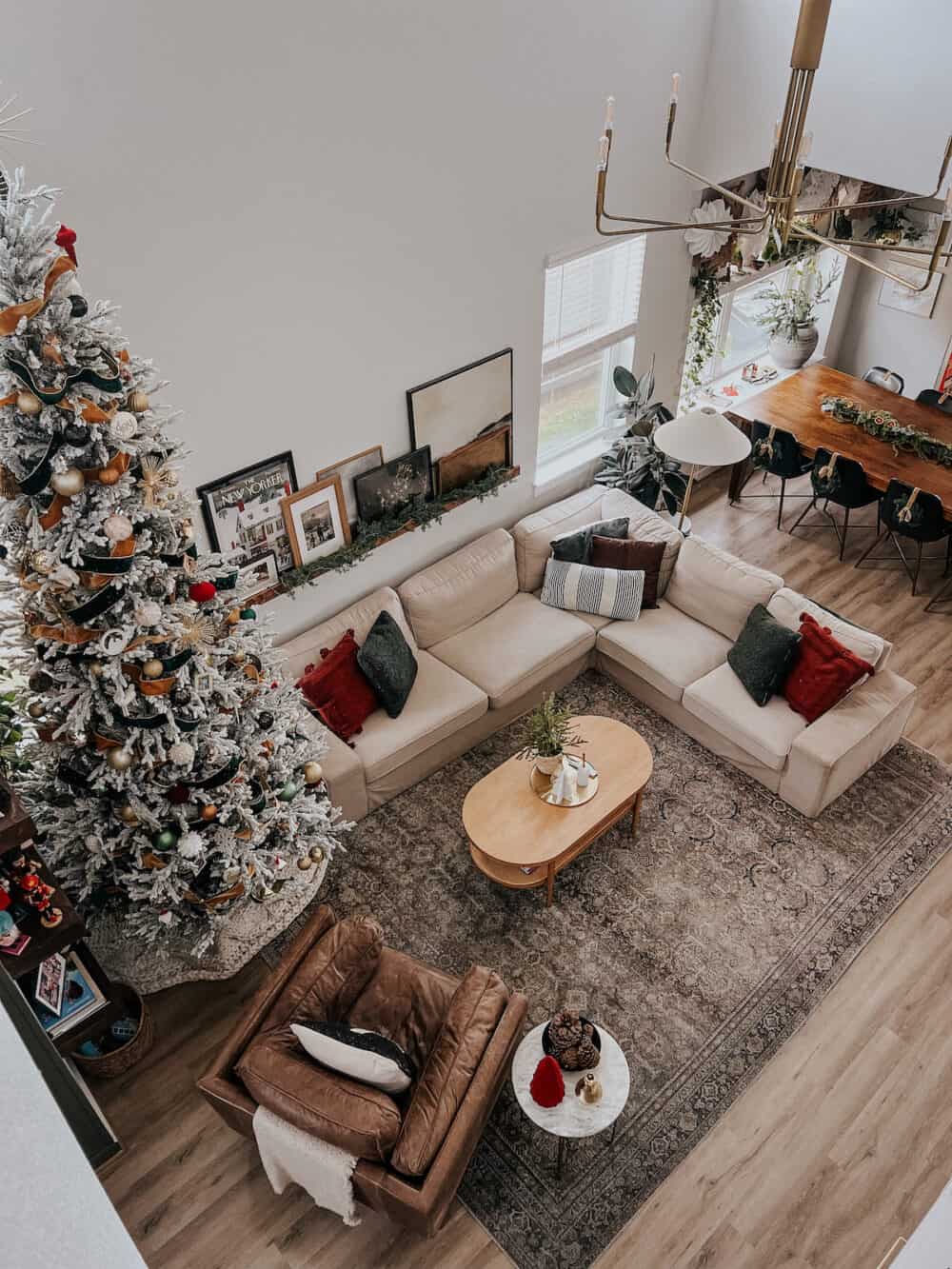 overhead view of a living room decorated for Christmas