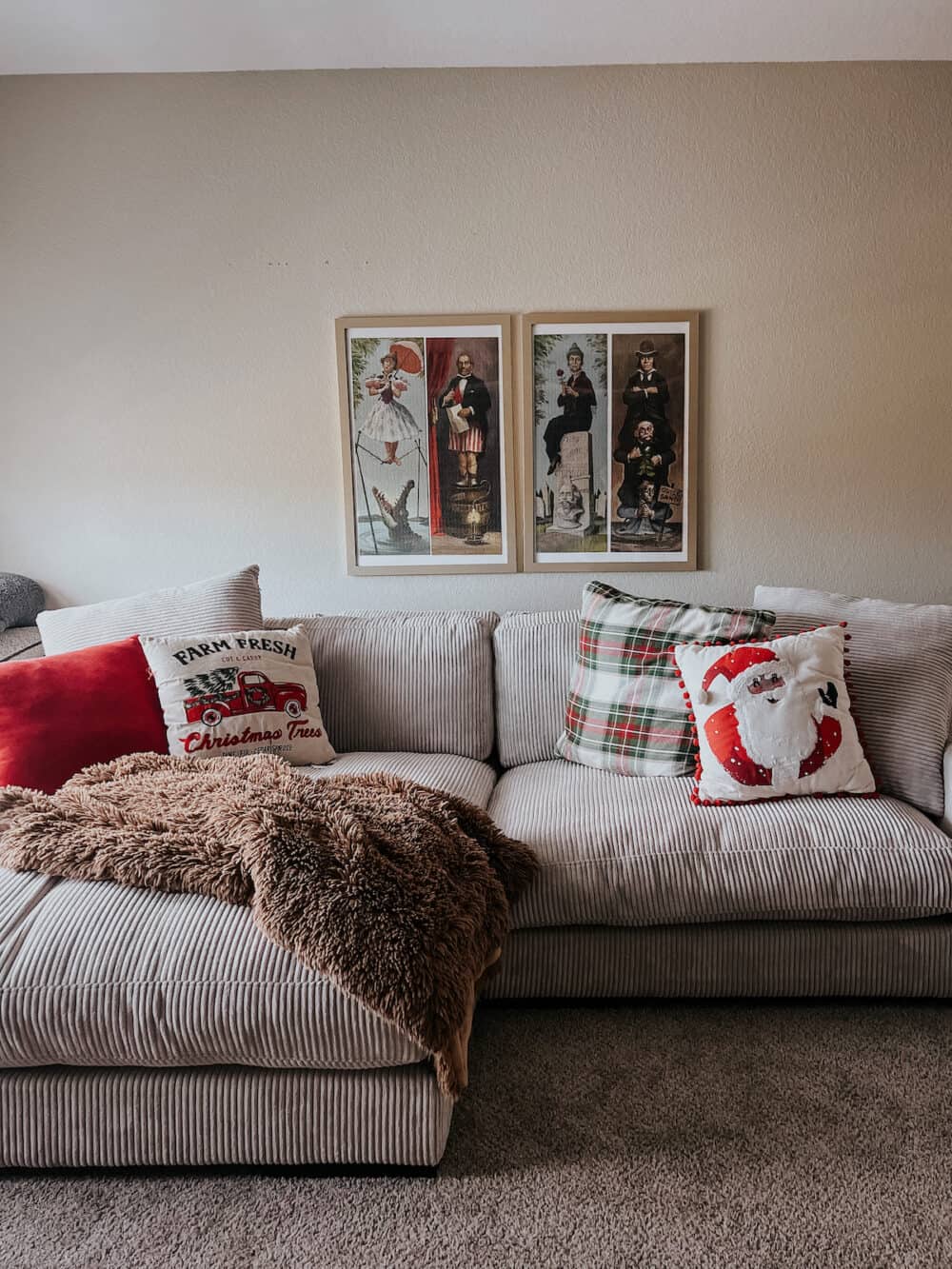 family room decorated for Christmas
