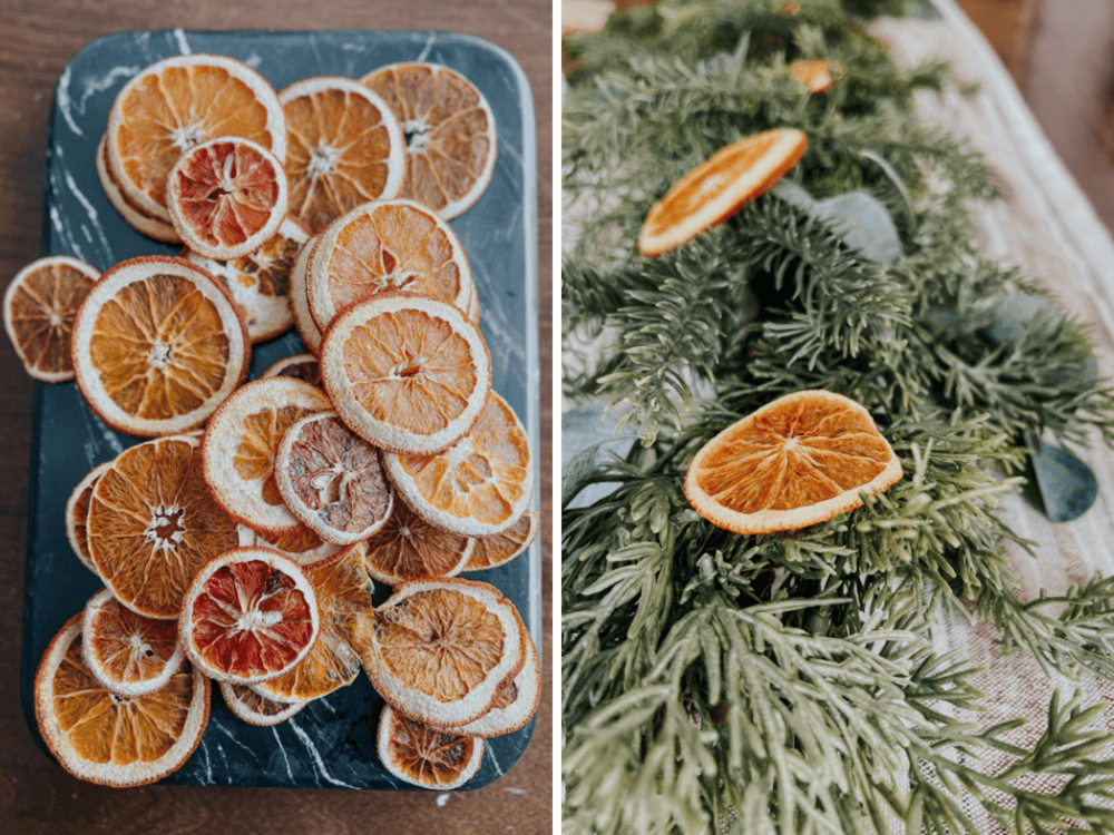 collage of two images with close up details of diy dried orange slices 