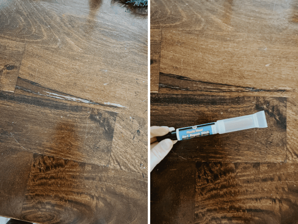 before and after of table repair with DAP 3in1 repair stick 