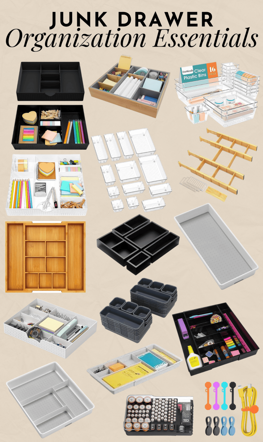 collage of junk drawer organizers for your kitchen junk drawer