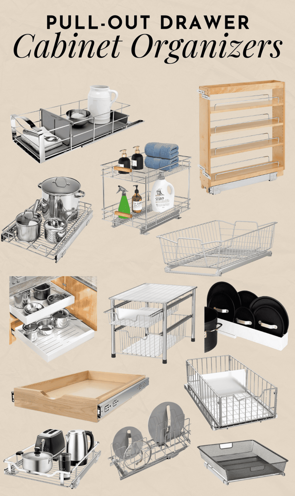 collage of pull out cabinet drawer organizers