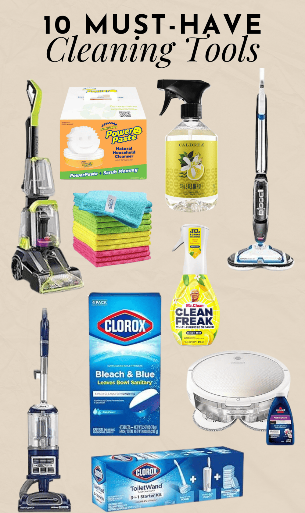 Collage of must have cleaning supplies for your home 