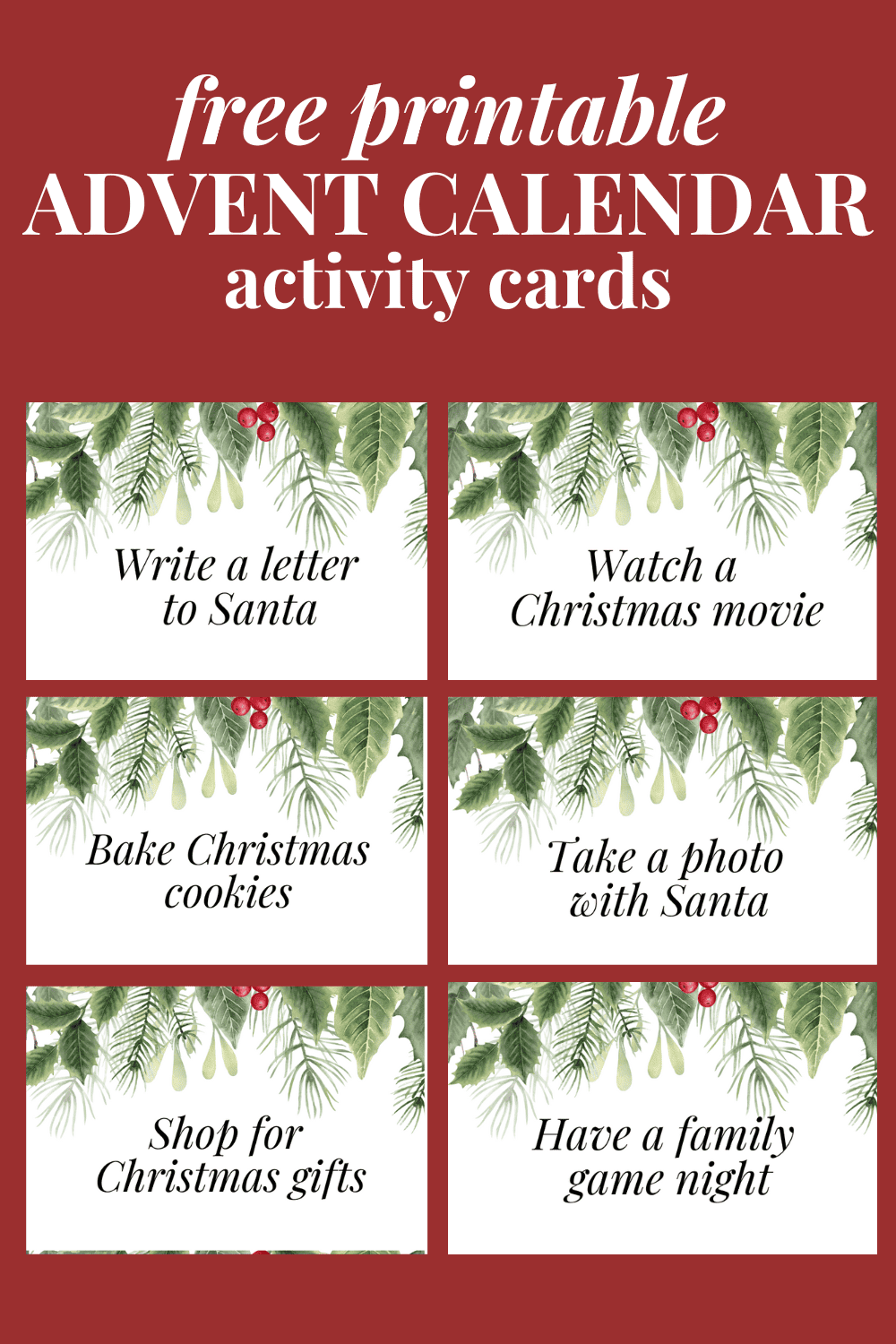 Graphic with text that says free printable advent calendar activity cards and has examples of the cards 