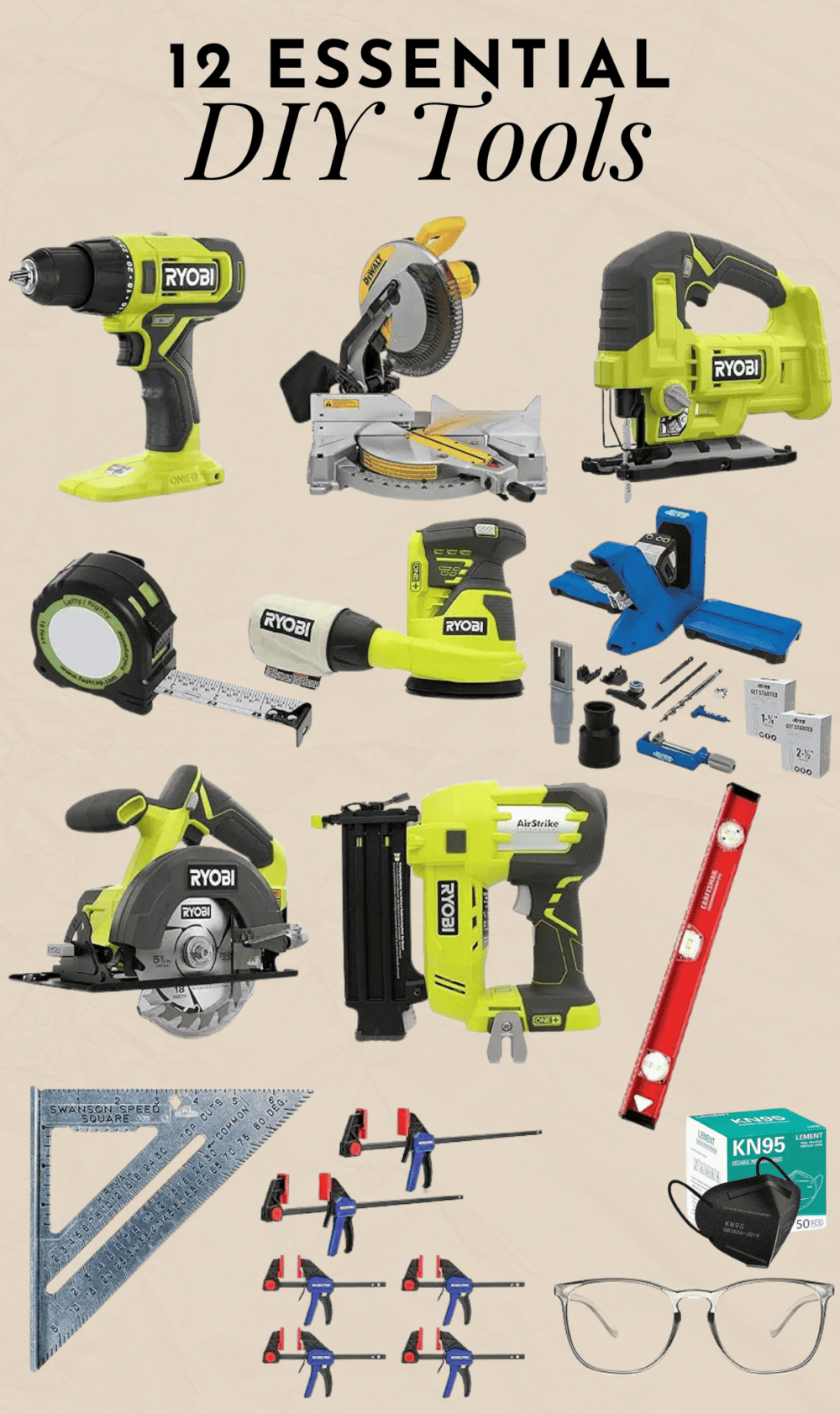 collage of essential DIY tools for beginner DIYers